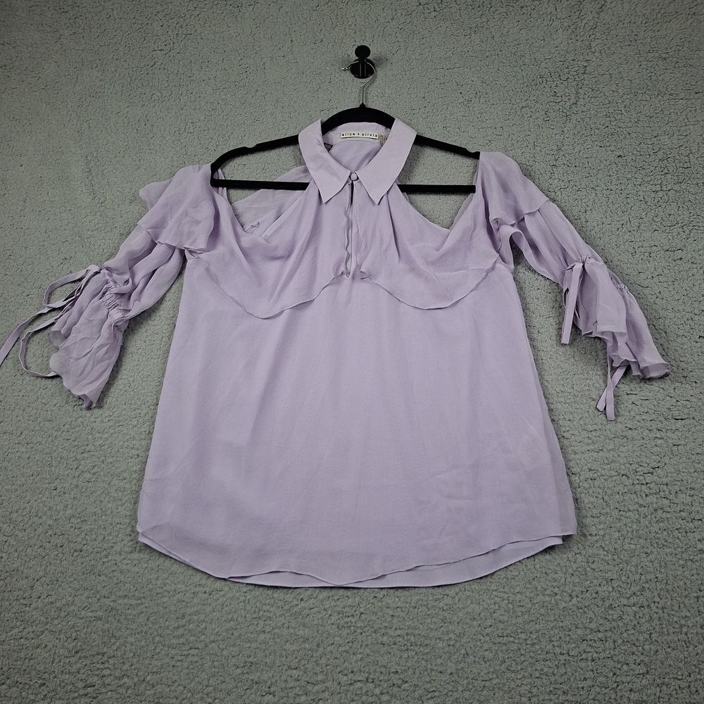 ALICE + OLIVIA BLAYNE RUFFLED COLD-SHOULDER SILK BLOUSE LAVENDER Medium Femme